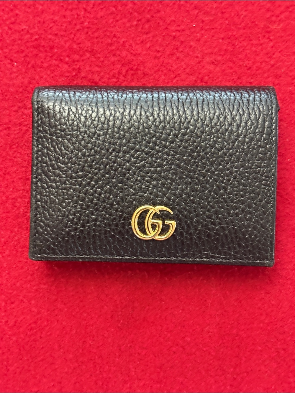 Gucci Black Pebbled Leather Small Bi-Fold Wallet with Gold Double G